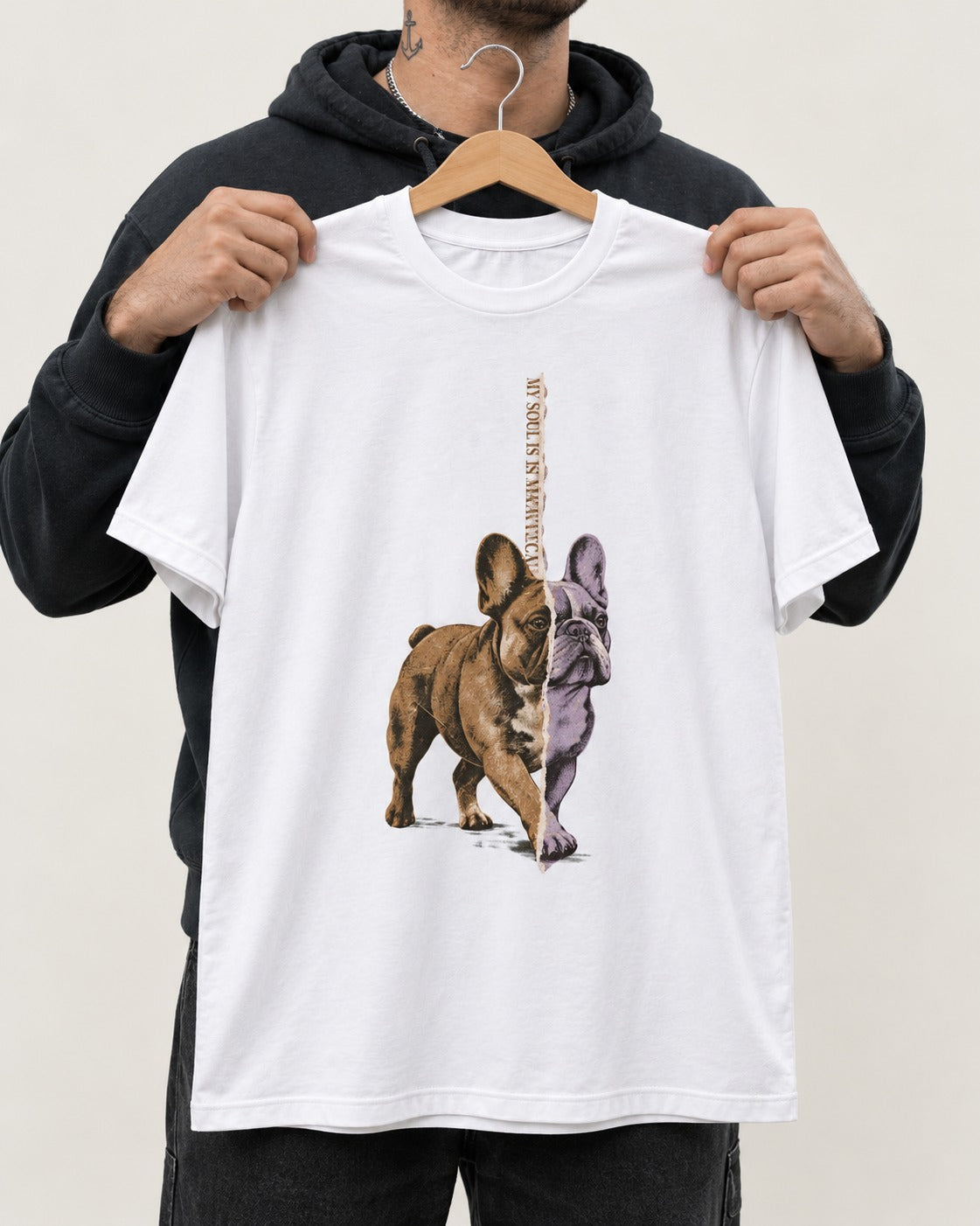 Frenchie Almost Symmetrical Torn Split Graphic T-Shirt in White, held up on a hanger