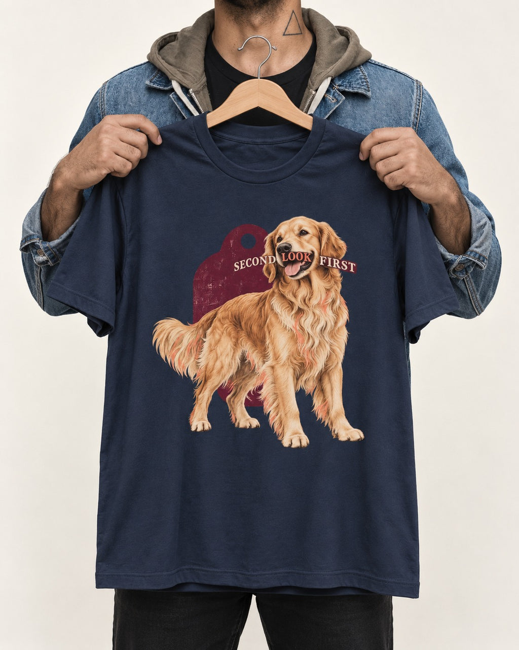 Golden Retriever Second Look First Tag Portrait Graphic T-Shirt in Navy, held up on a hanger