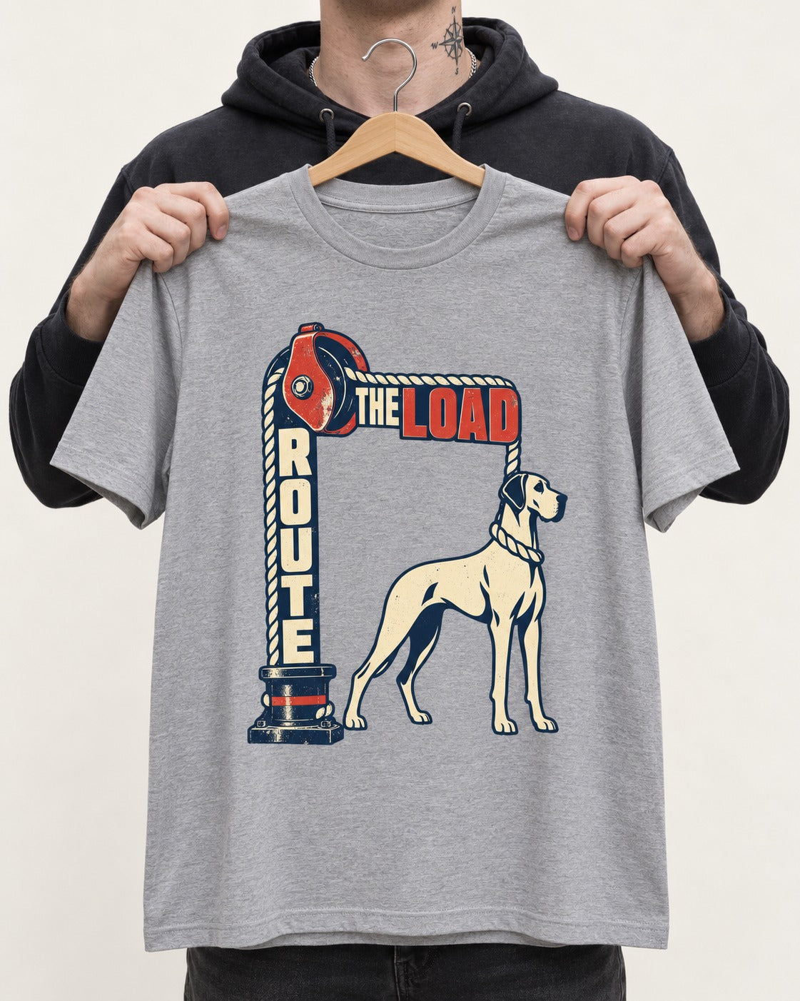 Great Dane Route the Load T-Shirt in Sport Grey, held up on a hanger