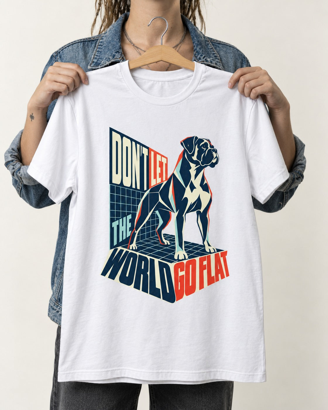 Don't Let the World Go Flat Boxer Perspective Grid Graphic T-Shirt in White, held up on a hanger