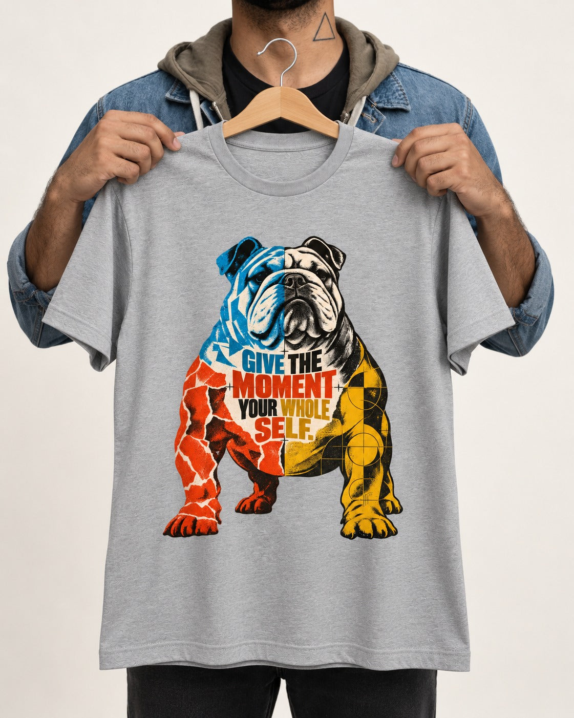 English Bulldog Give Your Whole Self T-Shirt in Sport Grey, held up on a hanger