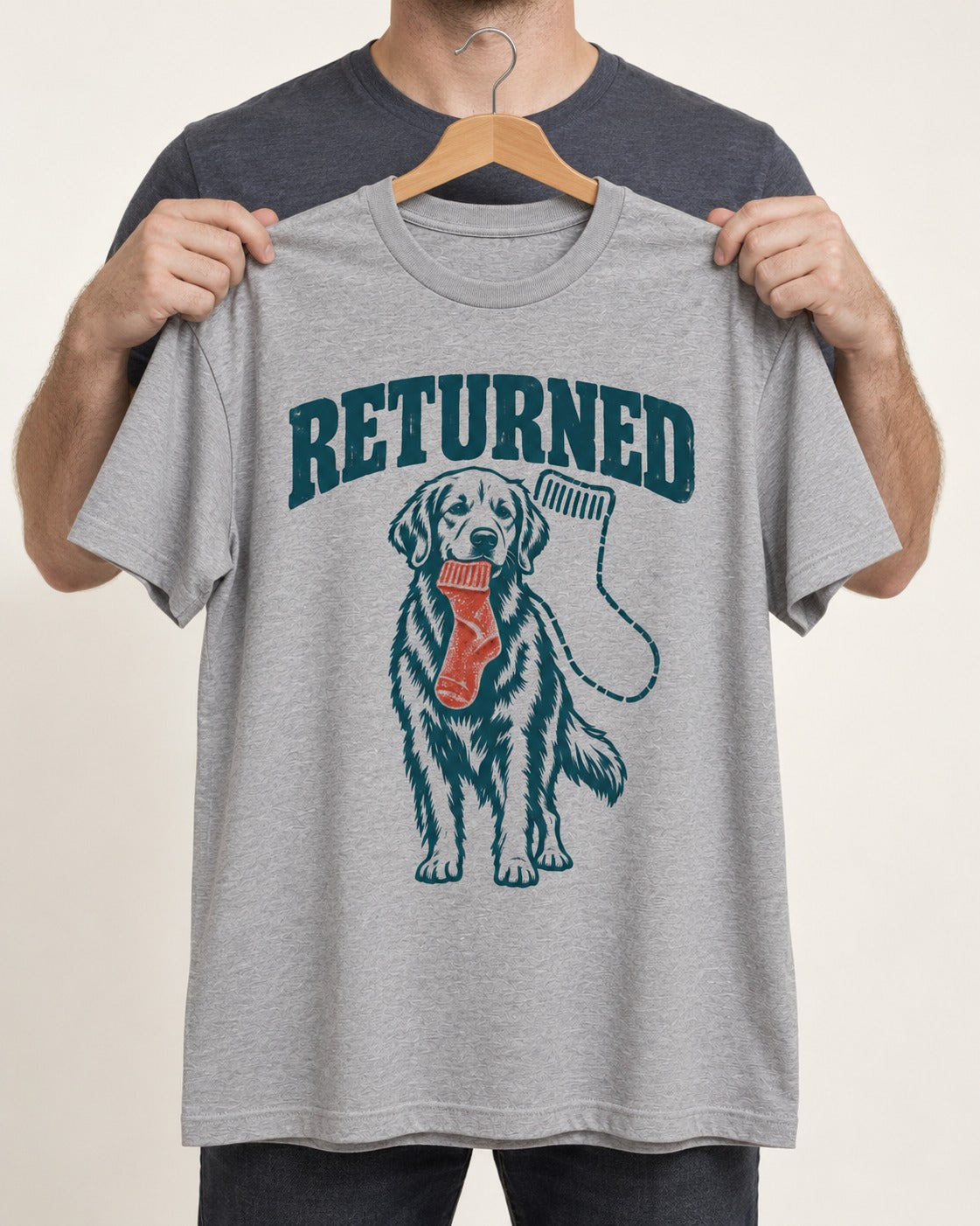 Golden Retriever Returned T-Shirt in Sport Grey, held up on a hanger