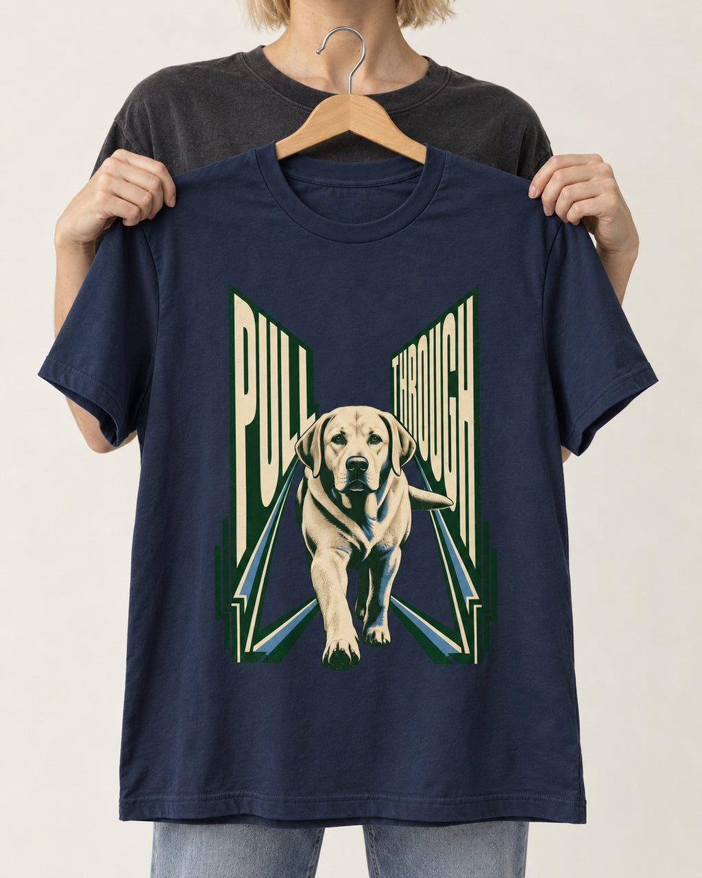 Labrador Retriever Pull Through Perspective Graphic T-Shirt in Navy, held up on a hanger