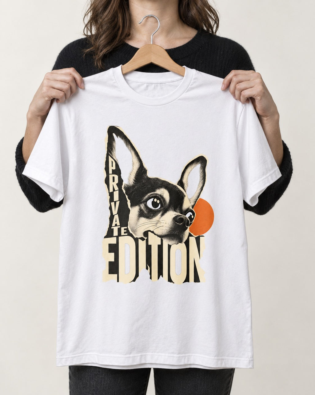 Chihuahua Private Edition Cut-Paper Portrait T-Shirt in White, held up on a hanger