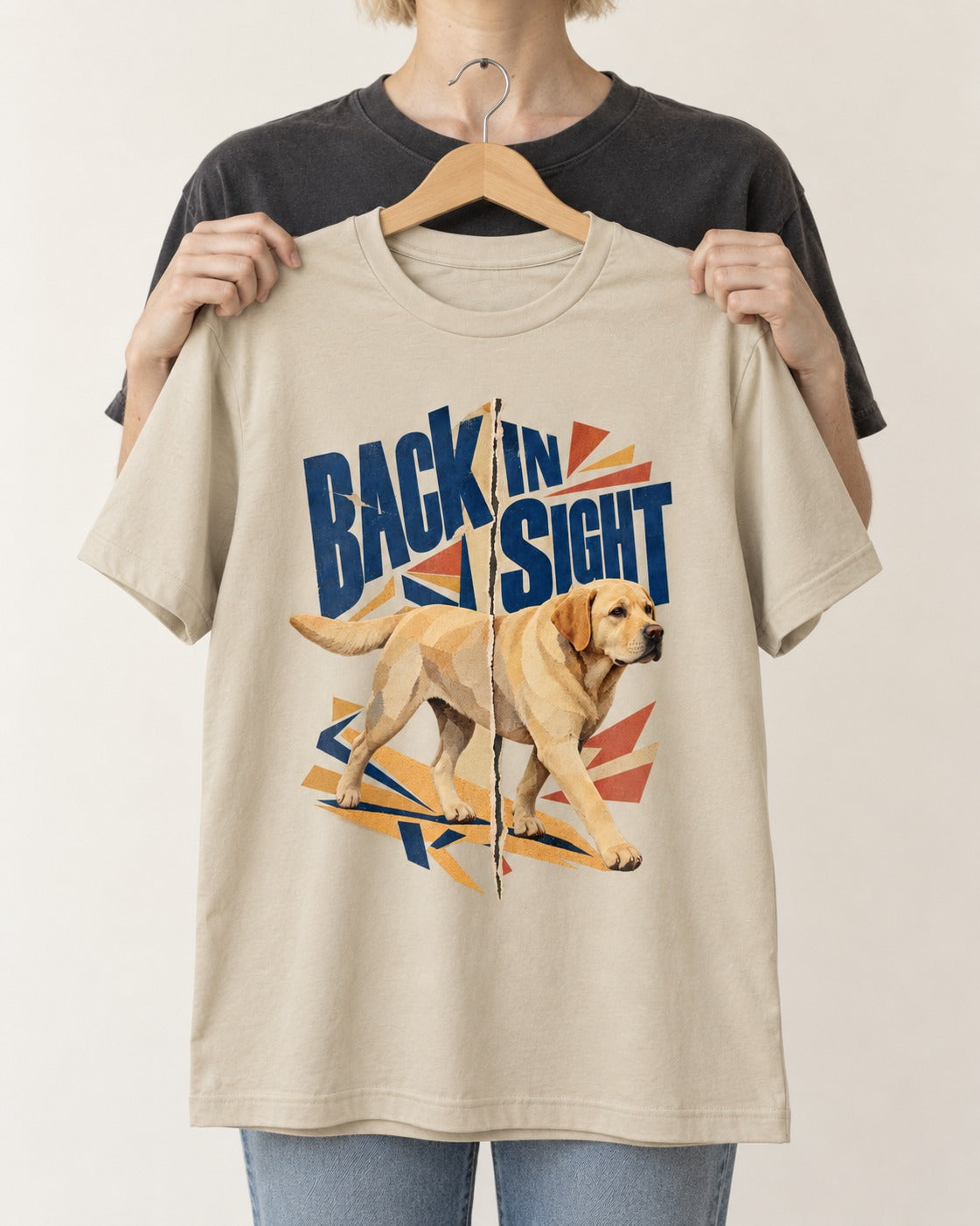 Labrador Retriever Back in Sight T-Shirt in Sand, held up on a hanger