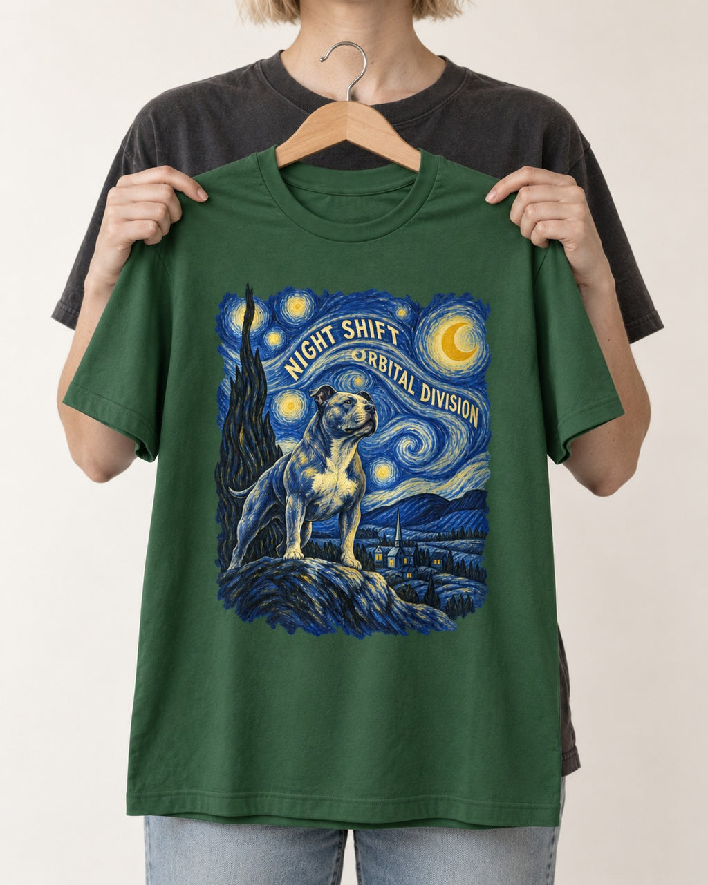 Pitbull Night Shift Orbital Division Starry Night Graphic T-Shirt in Forest Green, held up on a hanger