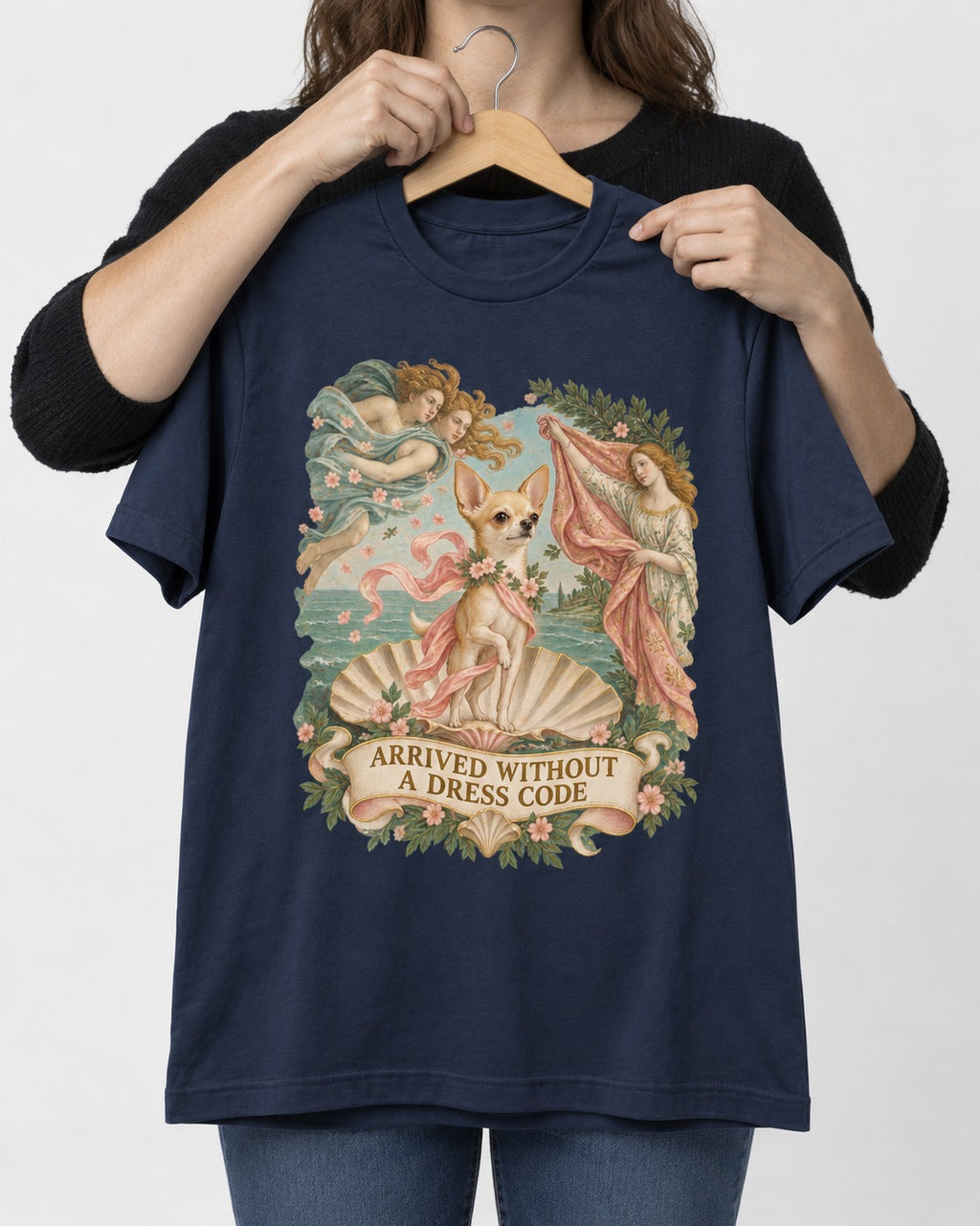 Chihuahua Arrived Without a Dress Code Classical Shell Scene T-Shirt in Navy, held up on a hanger