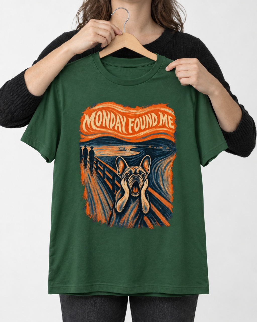 Frenchie Monday Found Me Scream Graphic 194 T-Shirt in Forest Green, held up on a hanger