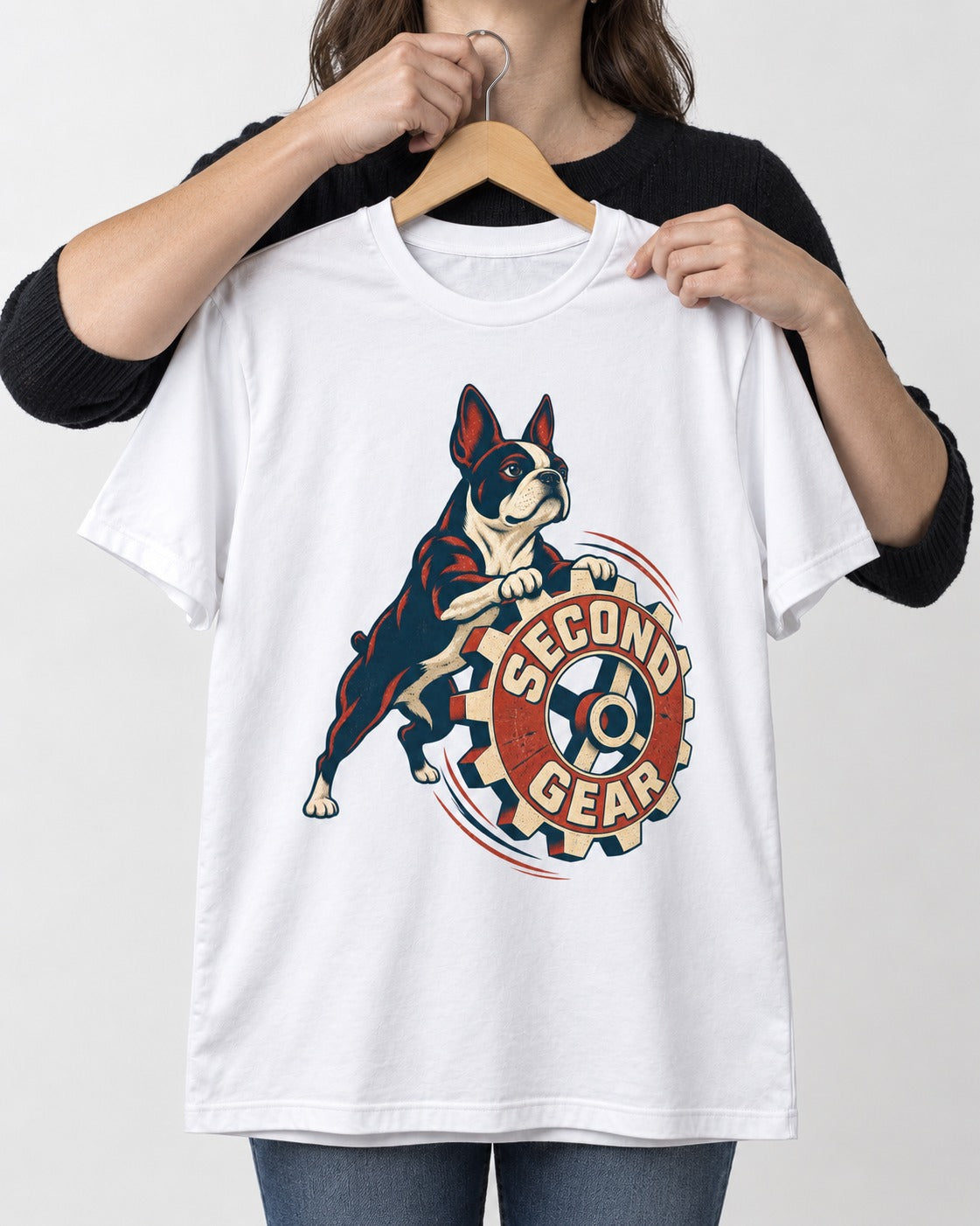 Second Gear Boston Terrier Graphic T-Shirt in White, held up on a hanger