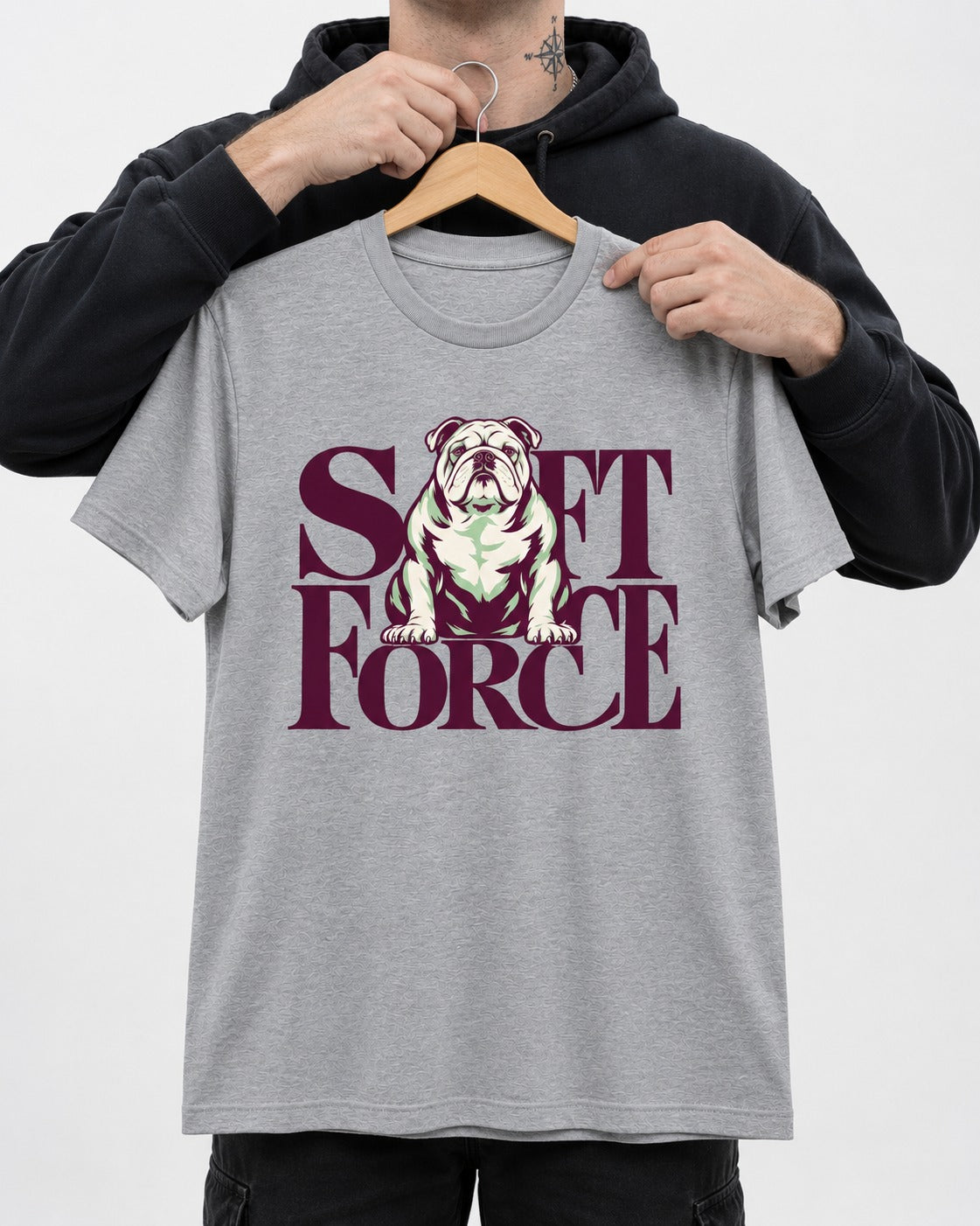 Set Force English Bulldog T-Shirt in Sport Grey, held up on a hanger