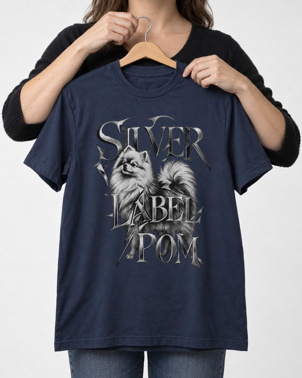 Pomeranian Silver Label Metallic Typography Graphic T-Shirt in Navy, held up on a hanger
