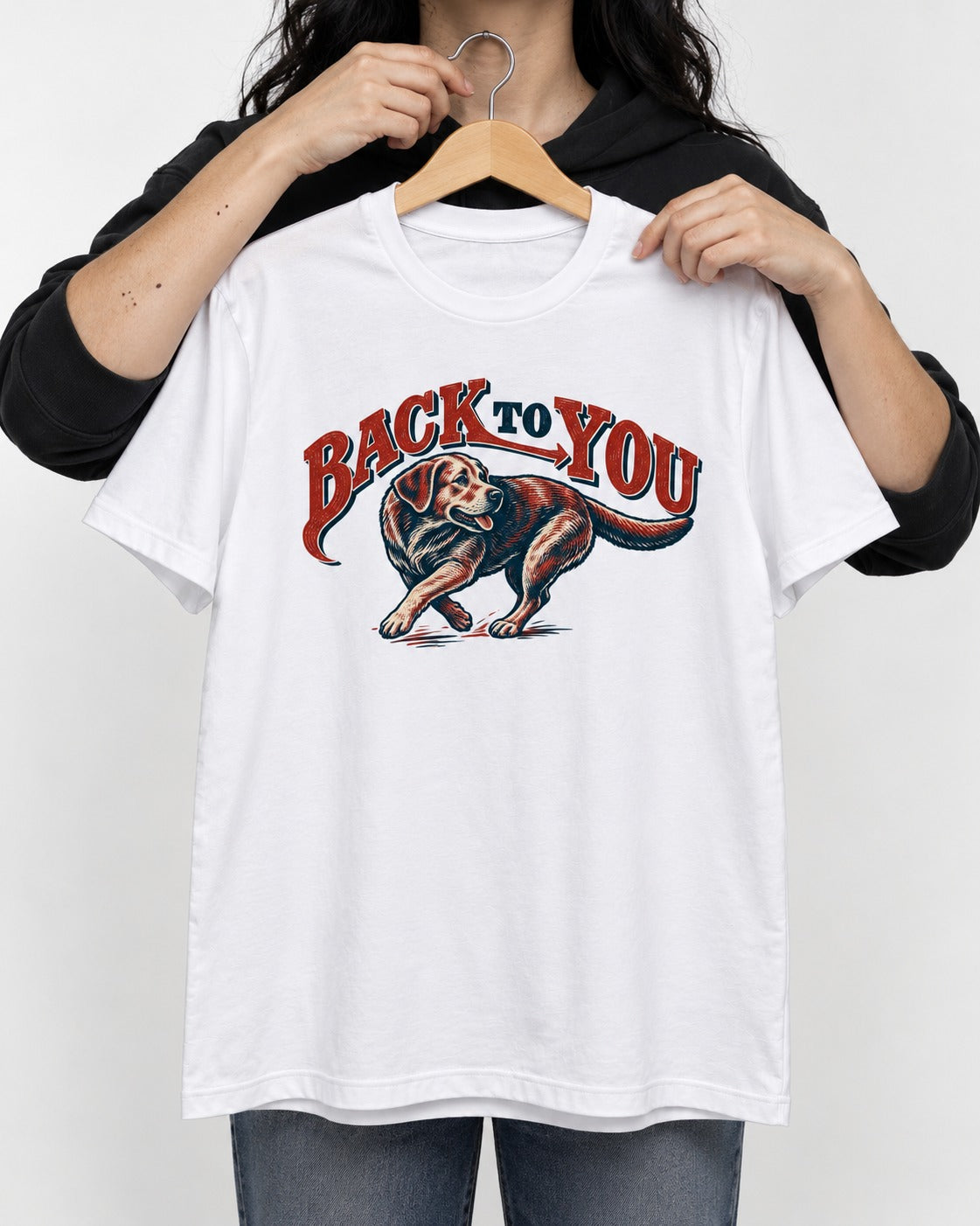 Labrador Retriever Back to You Turning Graphic T-Shirt in White, held up on a hanger