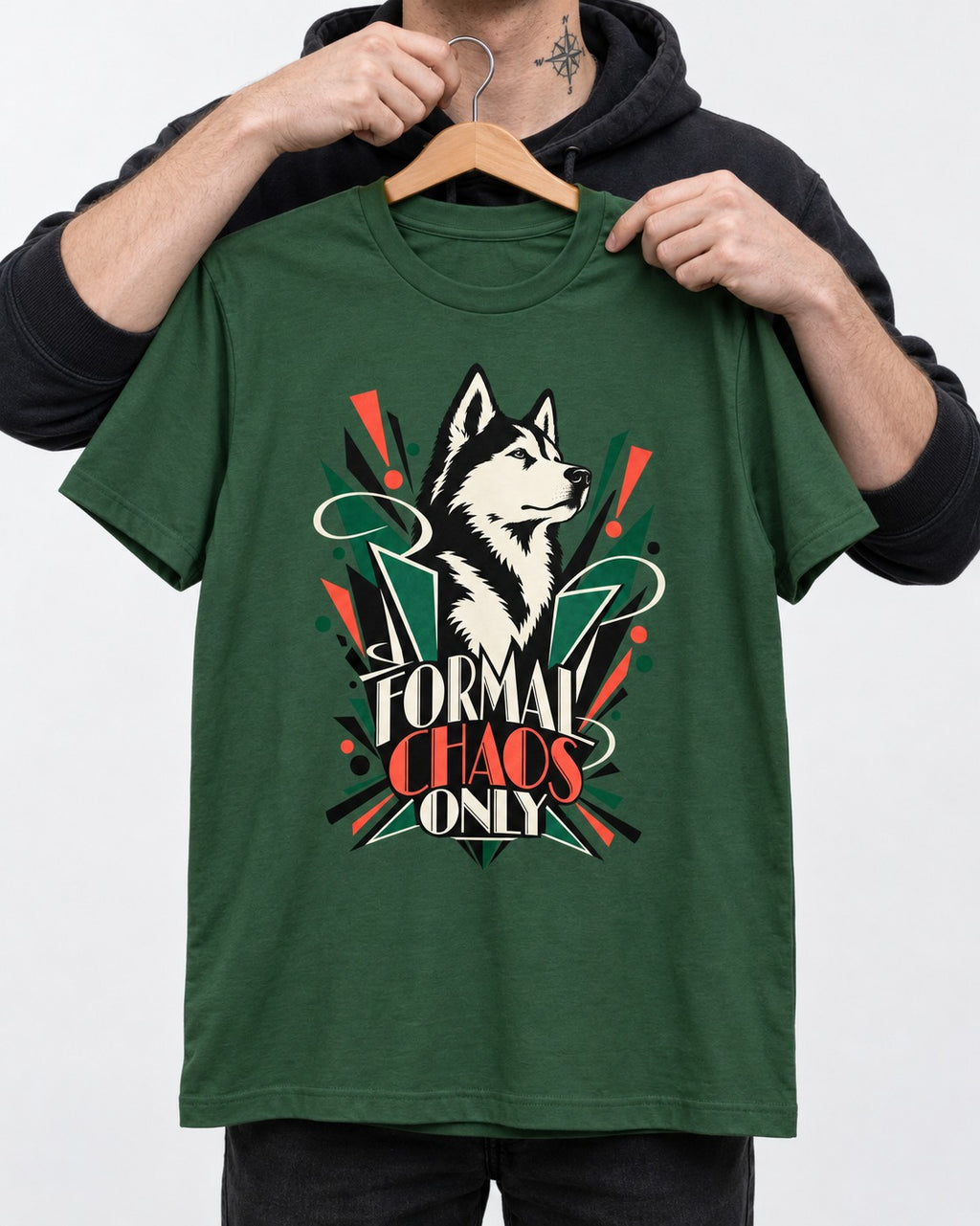 Husky Formal Chaos Only Art Deco Portrait Graphic T-Shirt in Forest Green, held up on a hanger