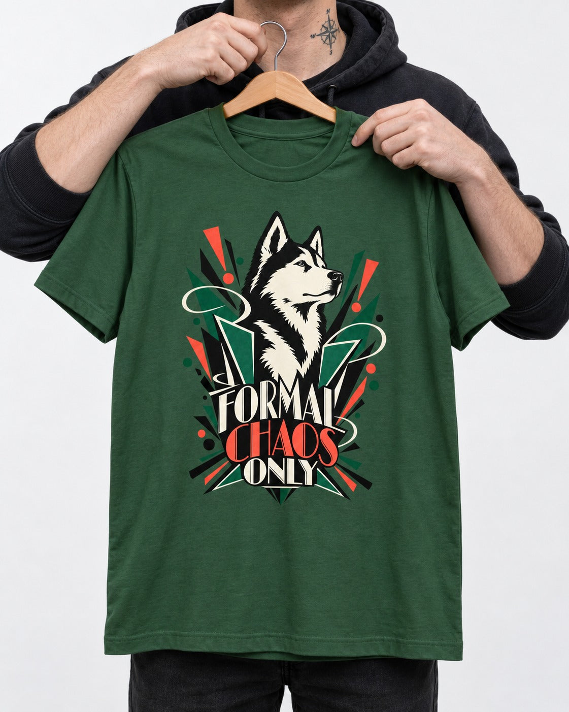 Husky Formal Chaos Only Art Deco Portrait Graphic T-Shirt in Forest Green, held up on a hanger