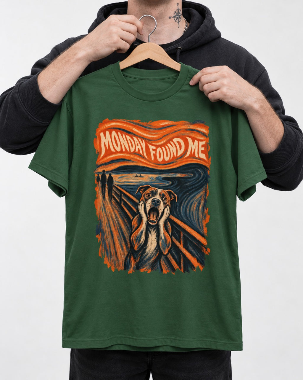 Pitbull Monday Found Me Expressionist Scream Graphic T-Shirt in Forest Green, held up on a hanger