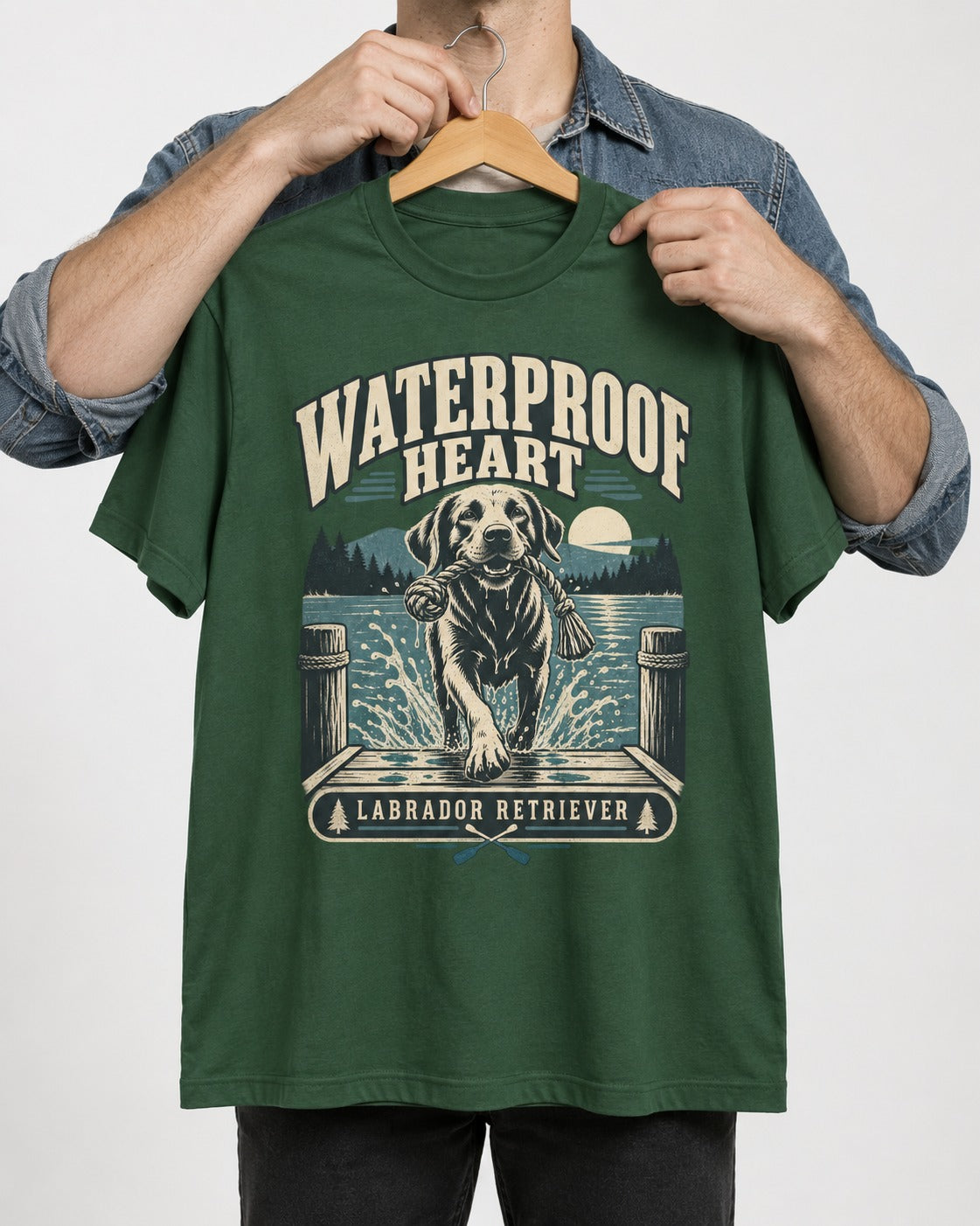 Labrador Retriever Waterproof Heart Lake Adventure Graphic T-Shirt in Forest Green, held up on a hanger