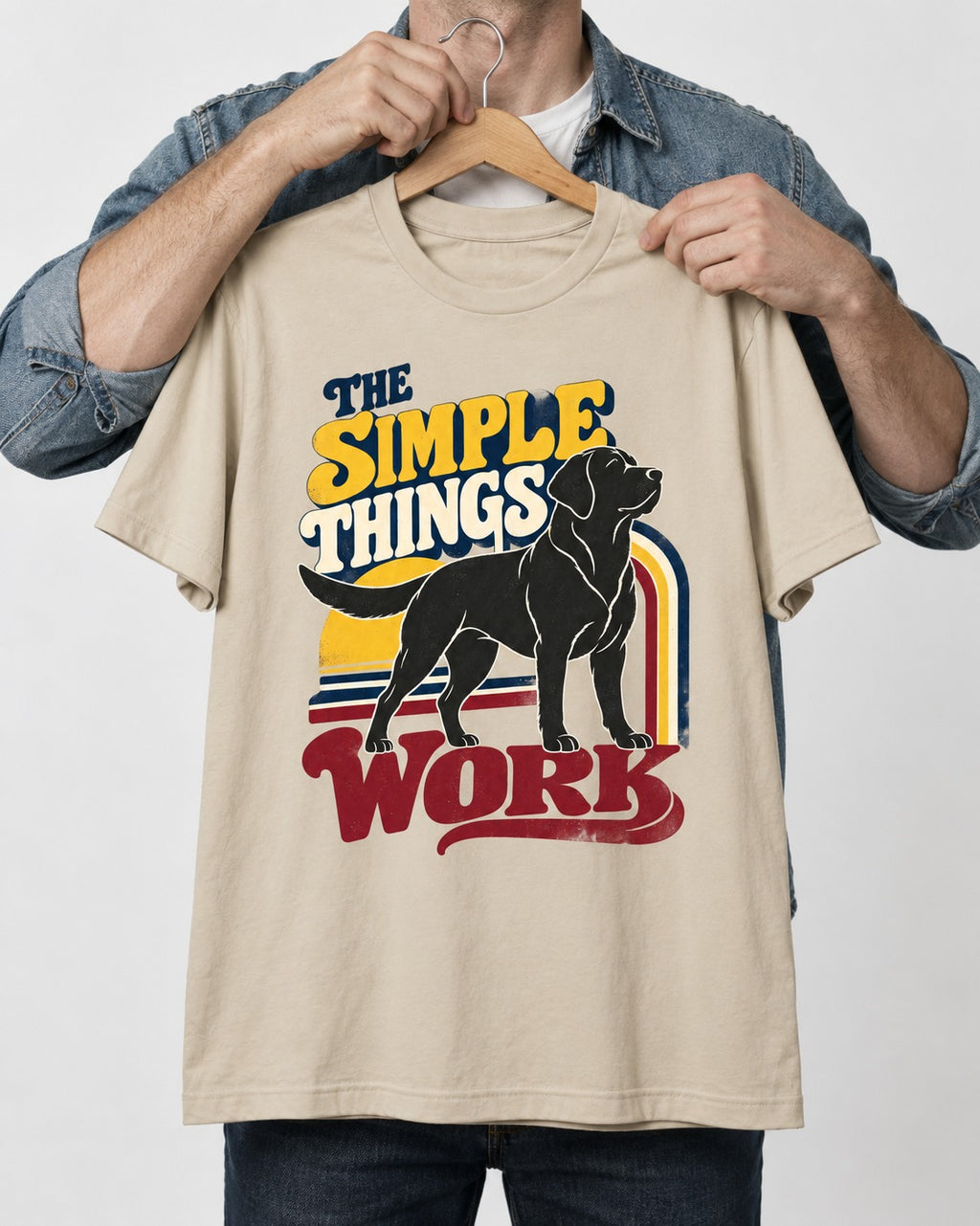 The Simple Things Work Labrador Retriever T-Shirt in Sand, held up on a hanger