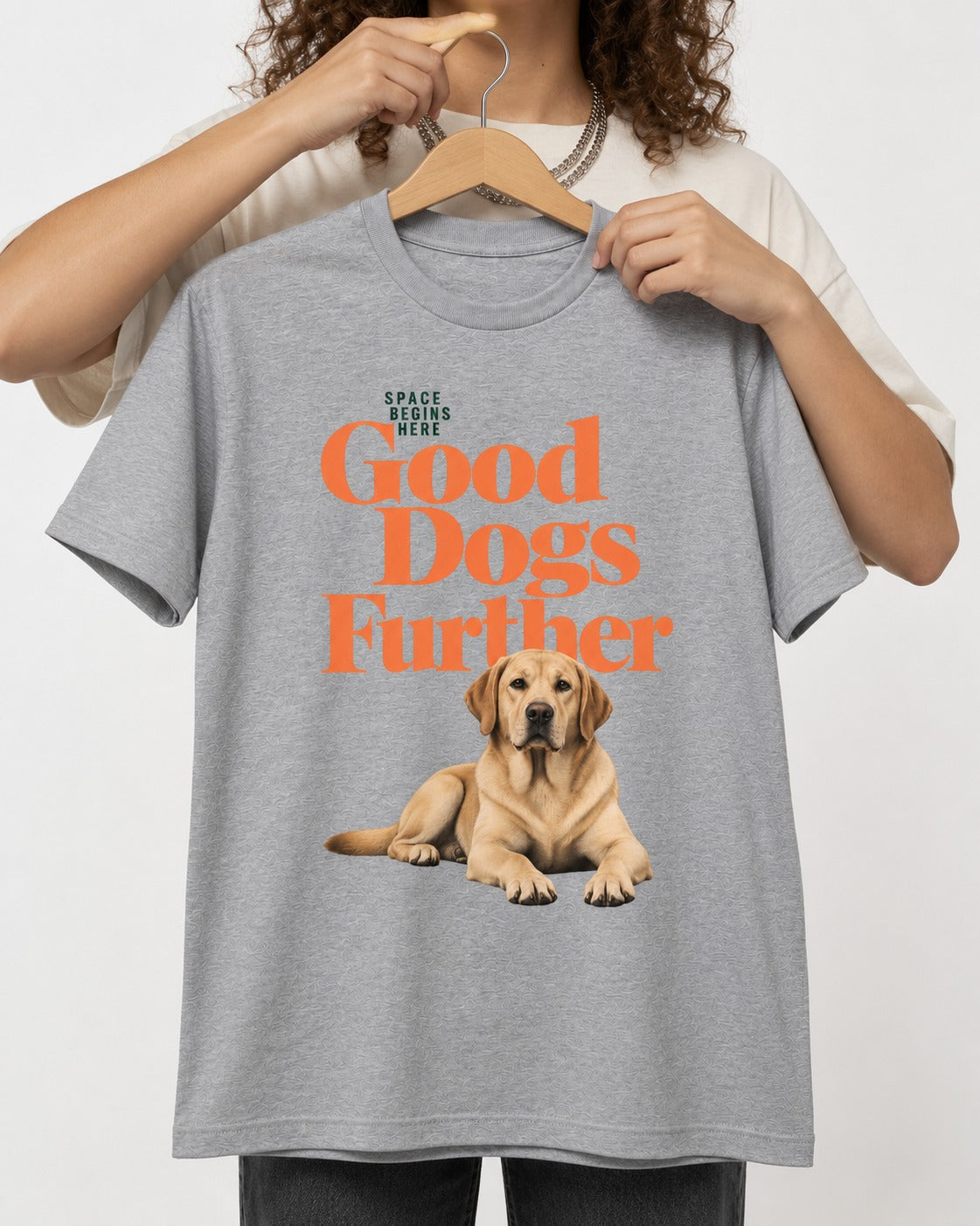 Good Labrador Retriever Goes Further T-Shirt in Sport Grey, held up on a hanger