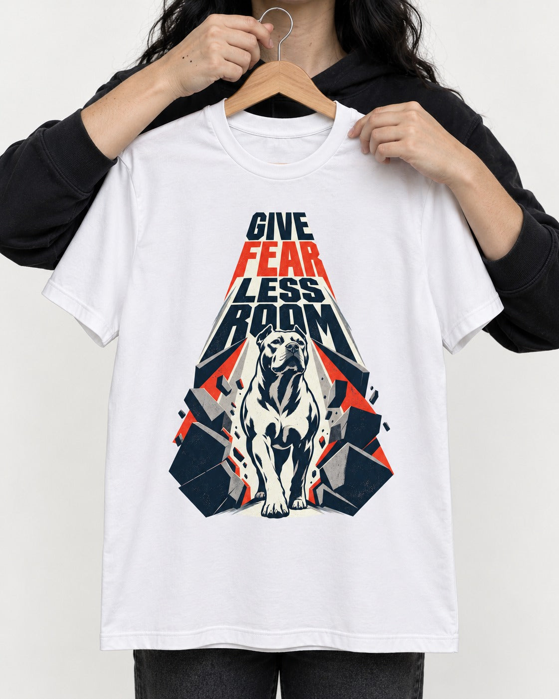 Pitbull Give Fear Less Room Breakthrough Graphic T-Shirt in White, held up on a hanger