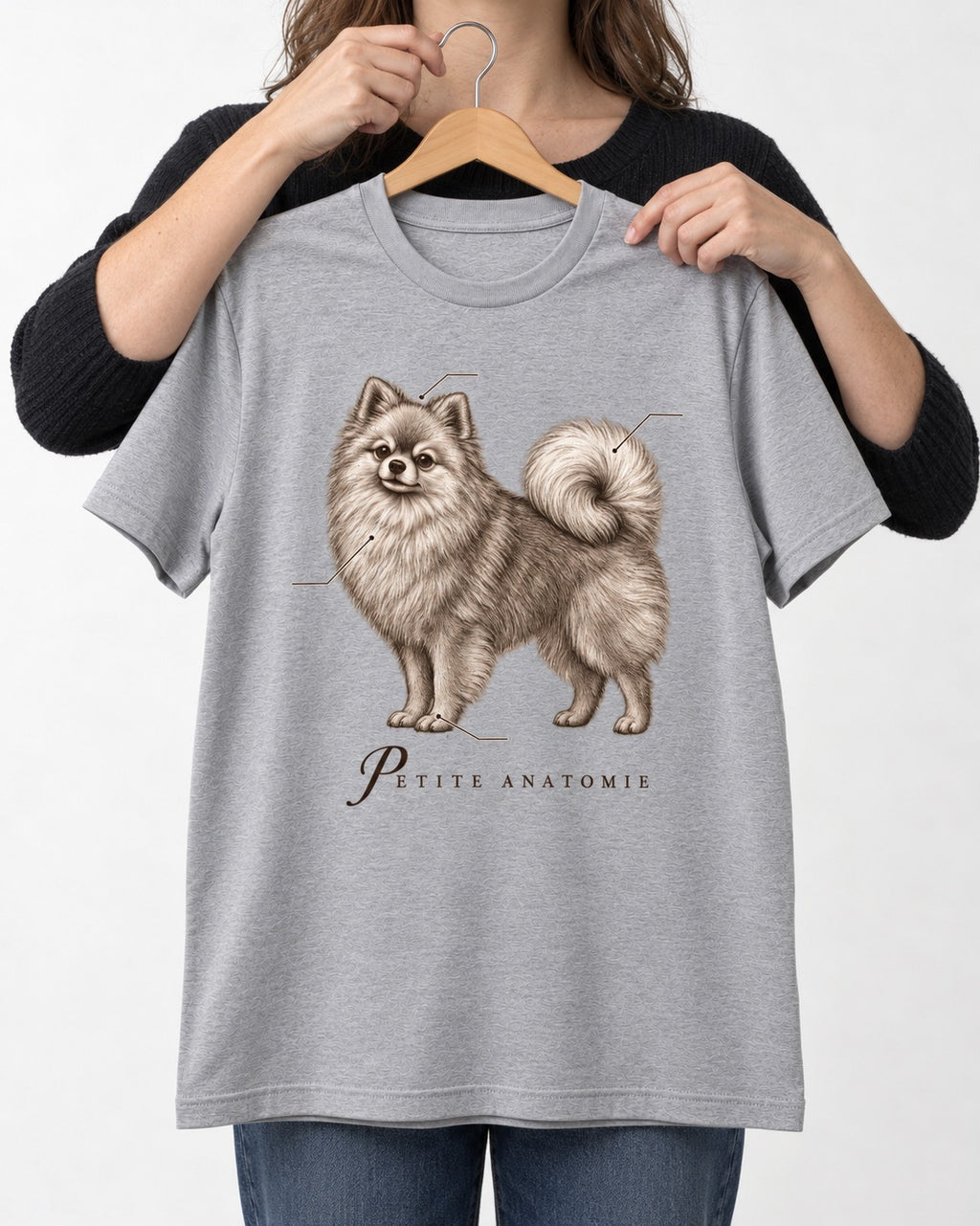 Pomeranian Petite Anatomie T-Shirt in Sport Grey, held up on a hanger