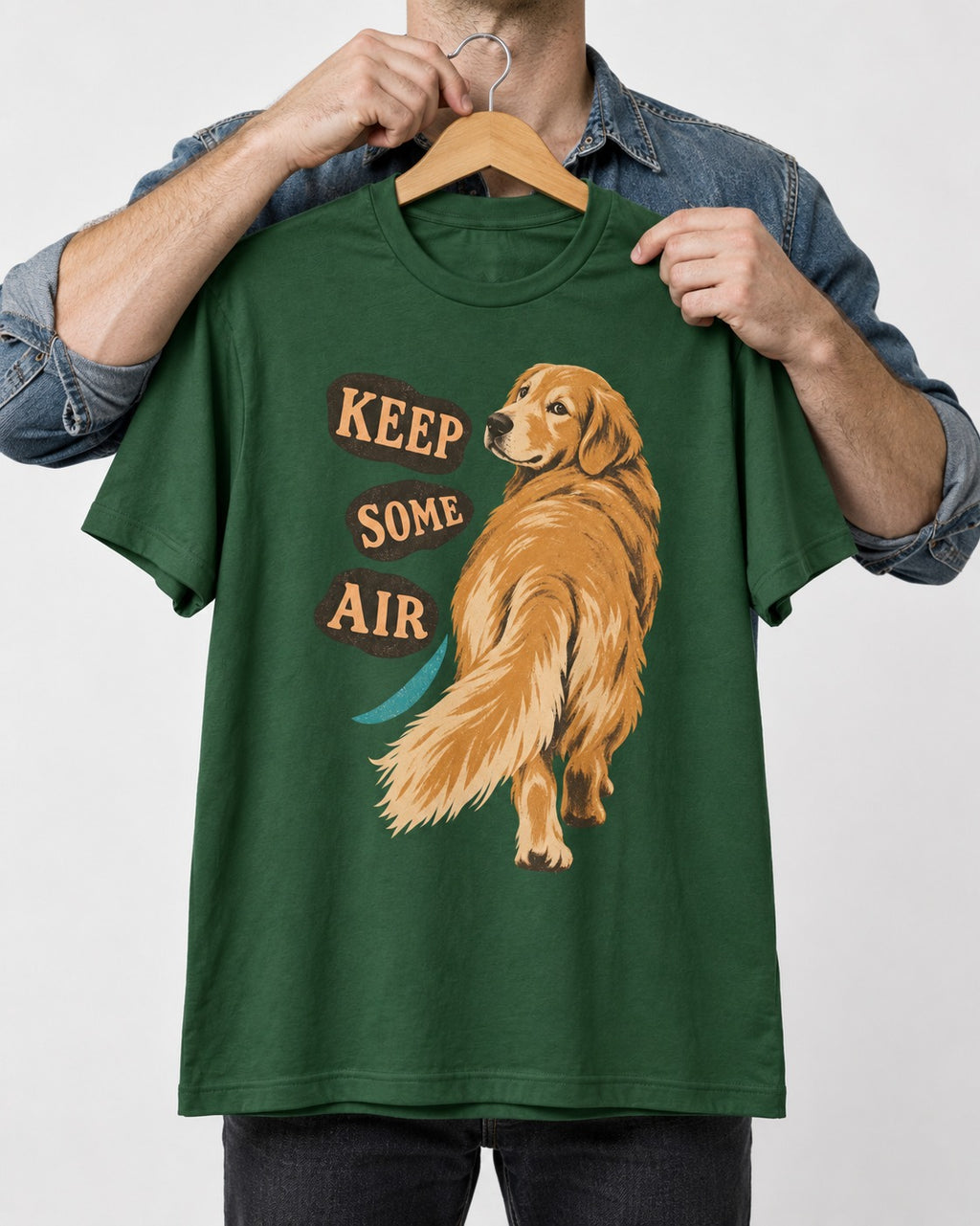 Golden Retriever Keep Some Air Looking Back Graphic T-Shirt in Forest Green, held up on a hanger