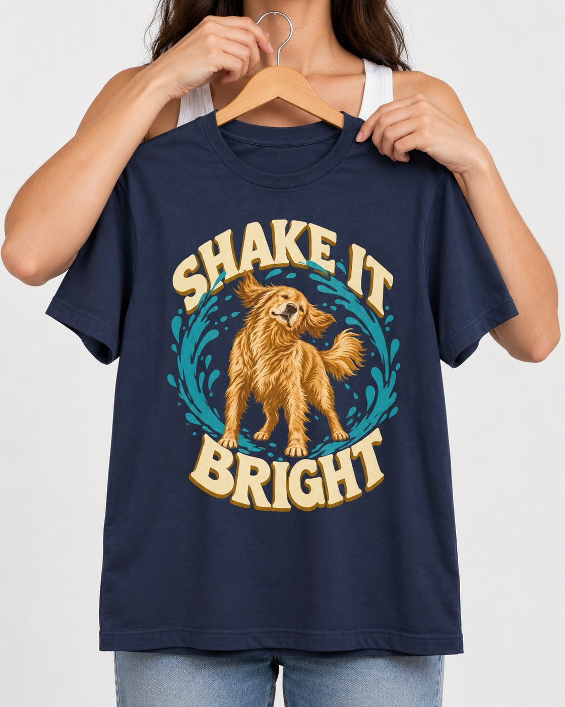 Golden Retriever Shake It Bright Water Ring Graphic T-Shirt in Navy, held up on a hanger
