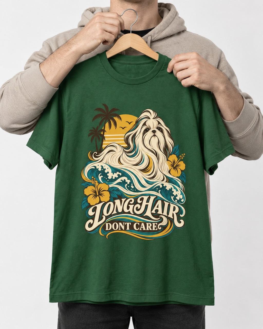 Shih Tzu Long Hair Don't Care Tropical Wave Graphic T-Shirt in Forest Green, held up on a hanger
