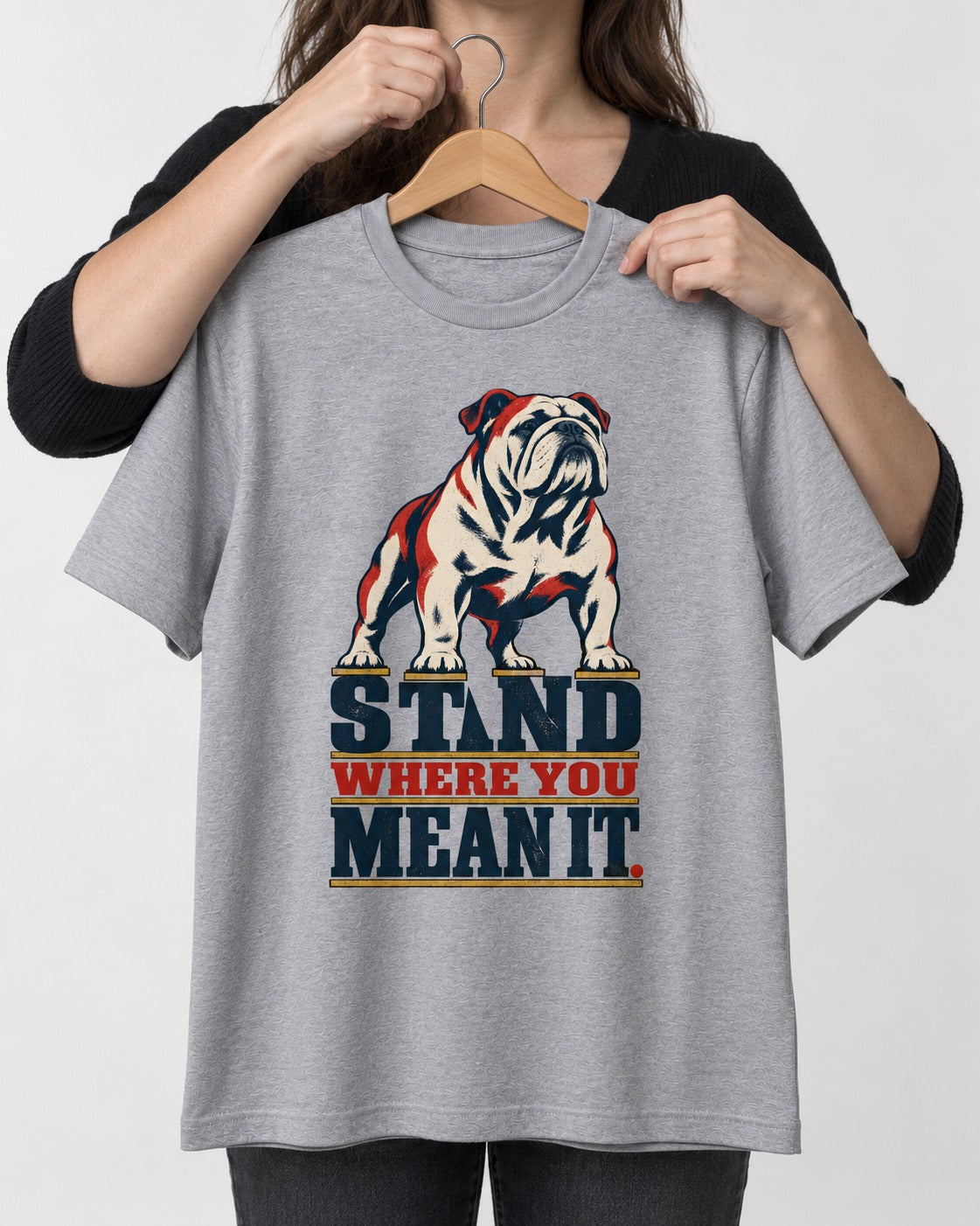 English Bulldog Stand T-Shirt in Sport Grey, held up on a hanger