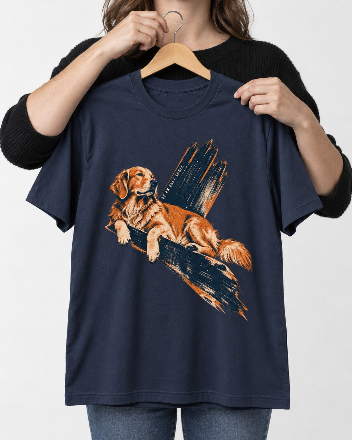 Golden Retriever At an Easy Angle Brushstroke Lounge Graphic T-Shirt in Navy, held up on a hanger