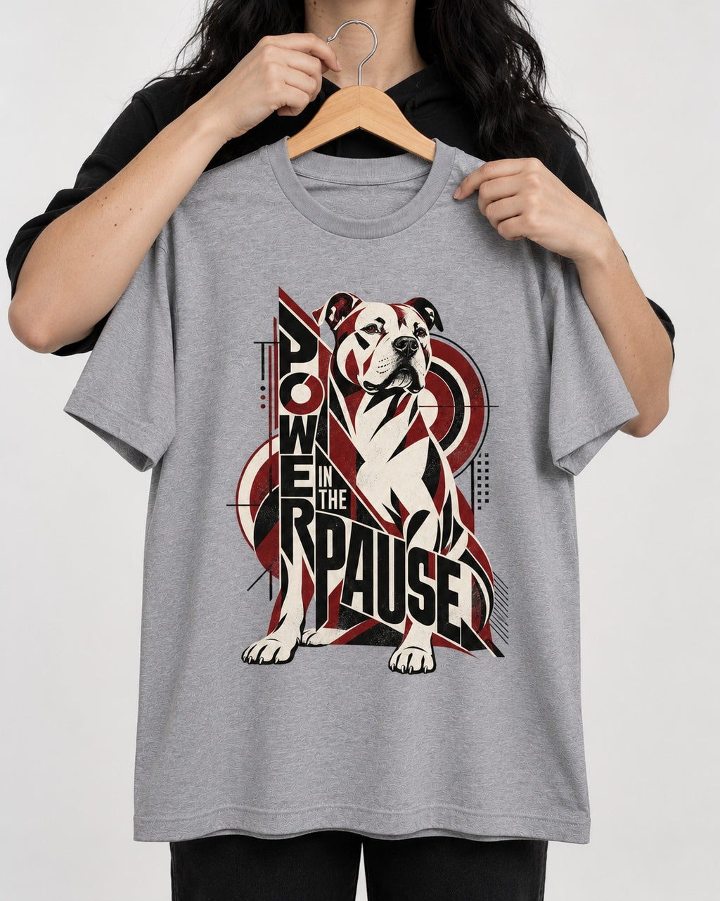 Pitbull Power in the Pause Geometric Graphic T-Shirt in Sport Grey, held up on a hanger