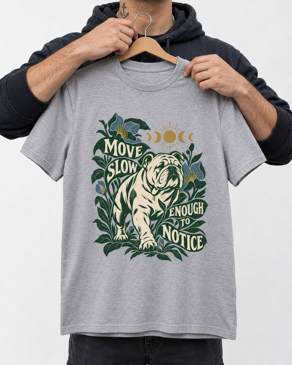 Move Slow English Bulldog T-Shirt in Sport Grey, held up on a hanger