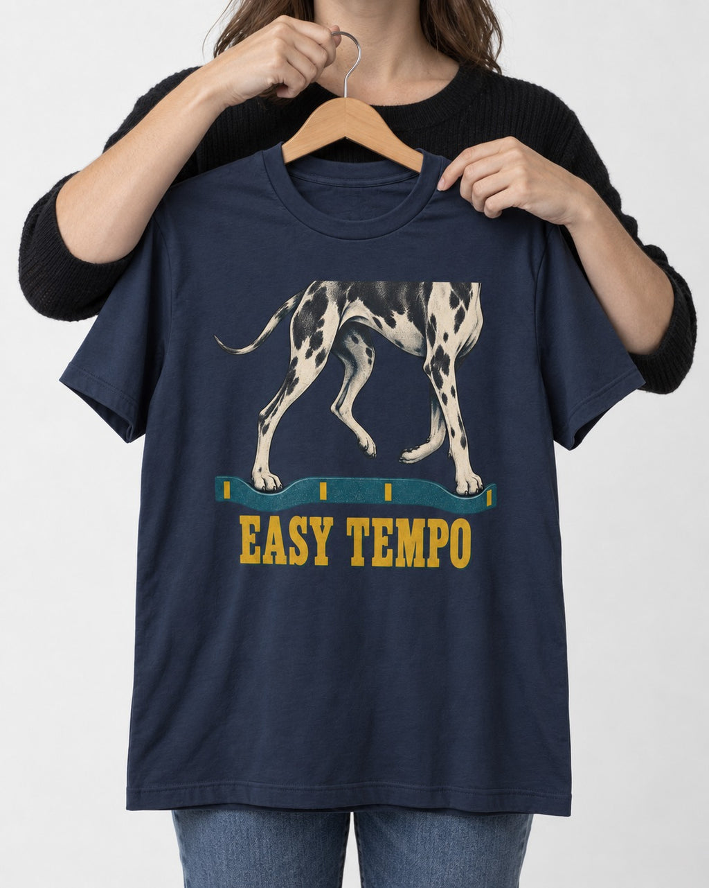 Great Dane Easy Tempo Elastic Band Legs Graphic T-Shirt in Navy, held up on a hanger