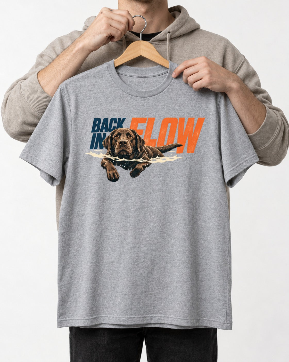 Labrador Retriever Back in Flow T-Shirt in Sport Grey, held up on a hanger
