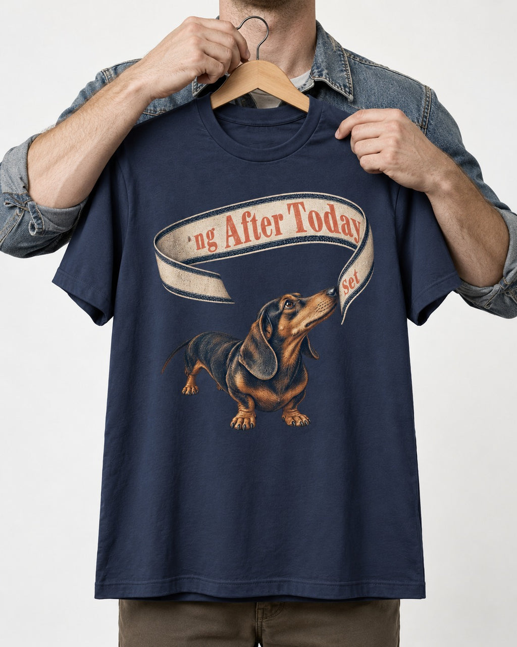 Dachshund ng After Today Set Ribbon Graphic T-Shirt in Navy, held up on a hanger
