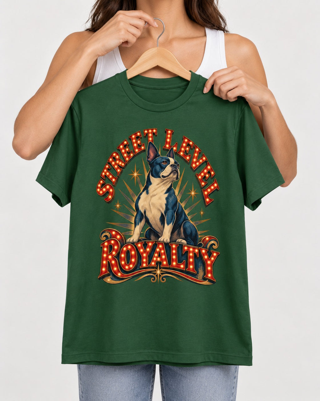 Street Level Royalty Boston Terrier T-Shirt in Forest Green, held up on a hanger