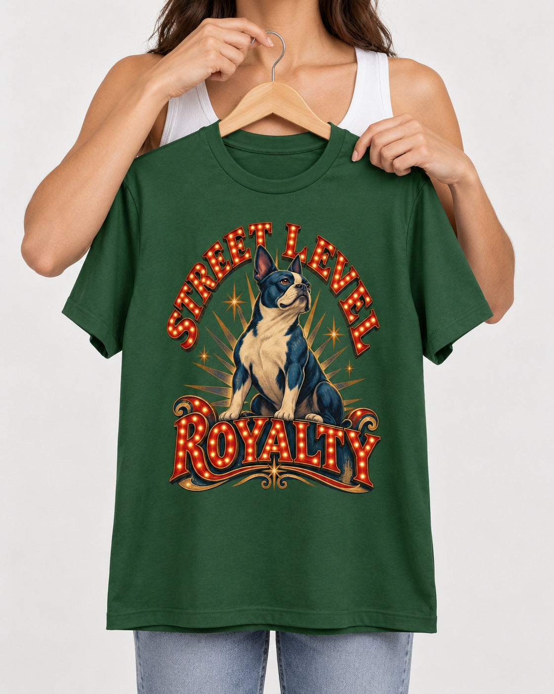 Street Level Royalty Boston Terrier T-Shirt in Forest Green, held up on a hanger