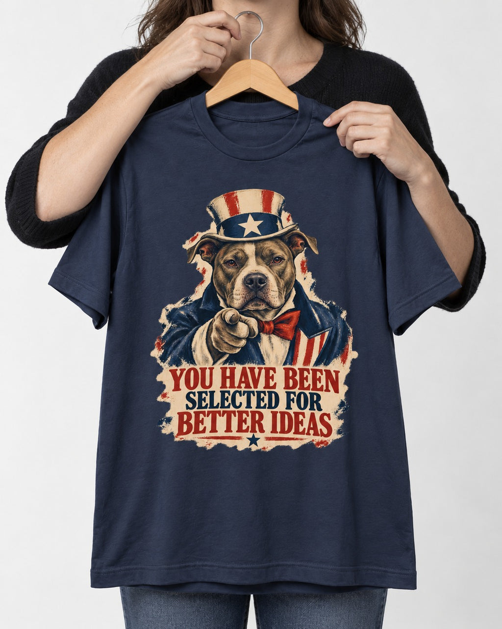 Pitbull You Have Been Selected for Better Ideas Uncle Sam Graphic T-Shirt in Navy, held up on a hanger