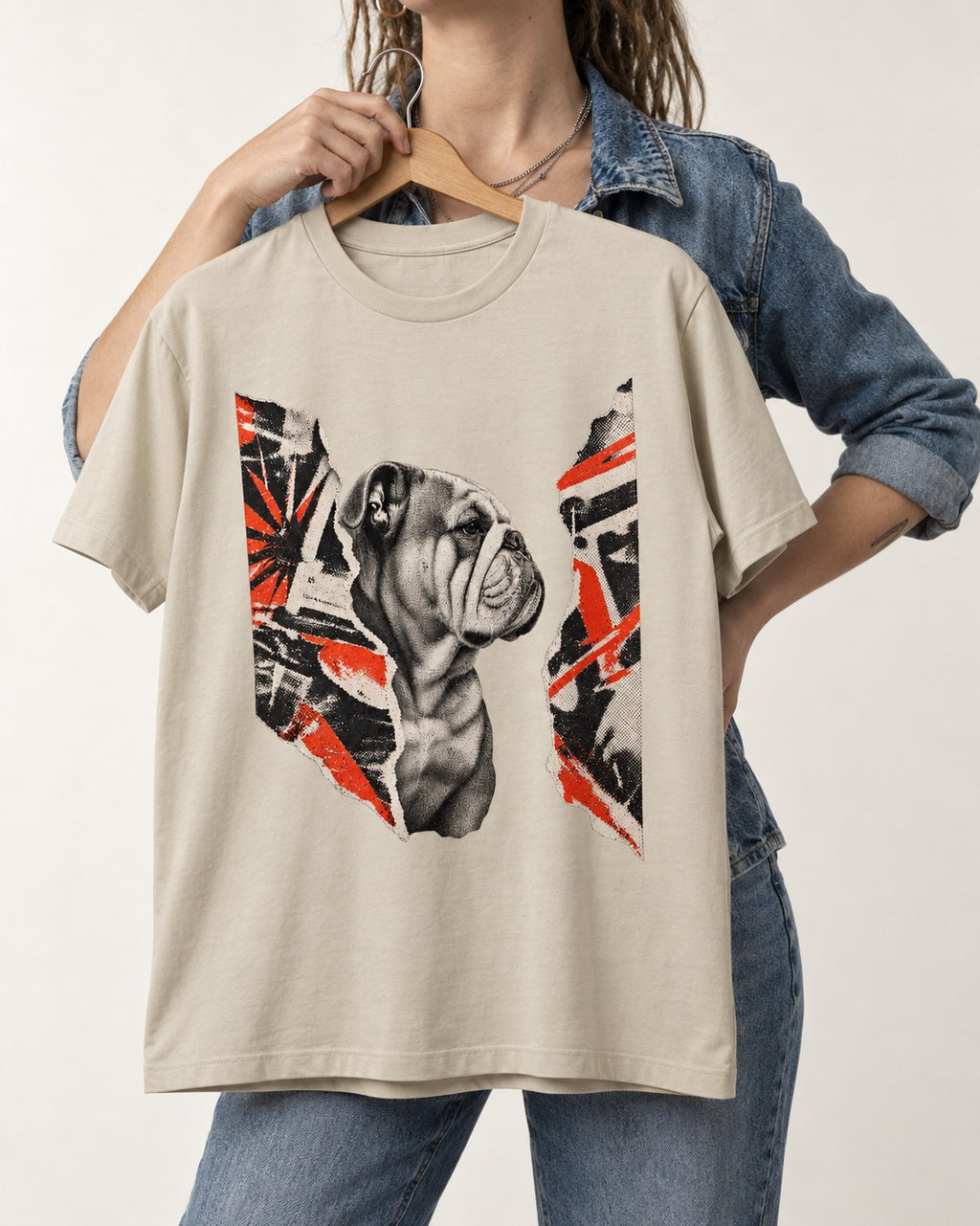 English Bulldog Unbowed T-Shirt in Sand, held up on a hanger