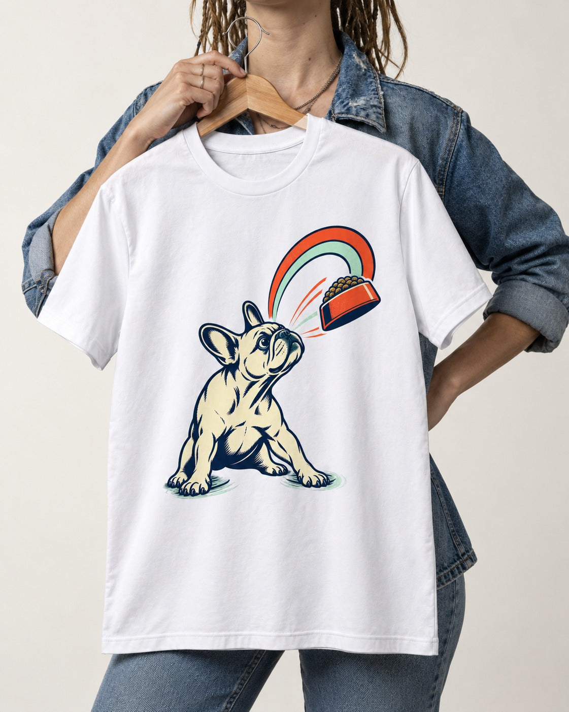 Frenchie Dinner Magnet Graphic T-Shirt in White, held up on a hanger