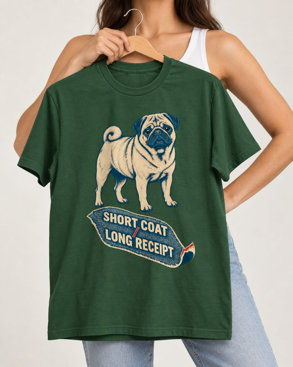 Pug Short Coat Long Receipt Graphic T-Shirt in Forest Green, held up on a hanger