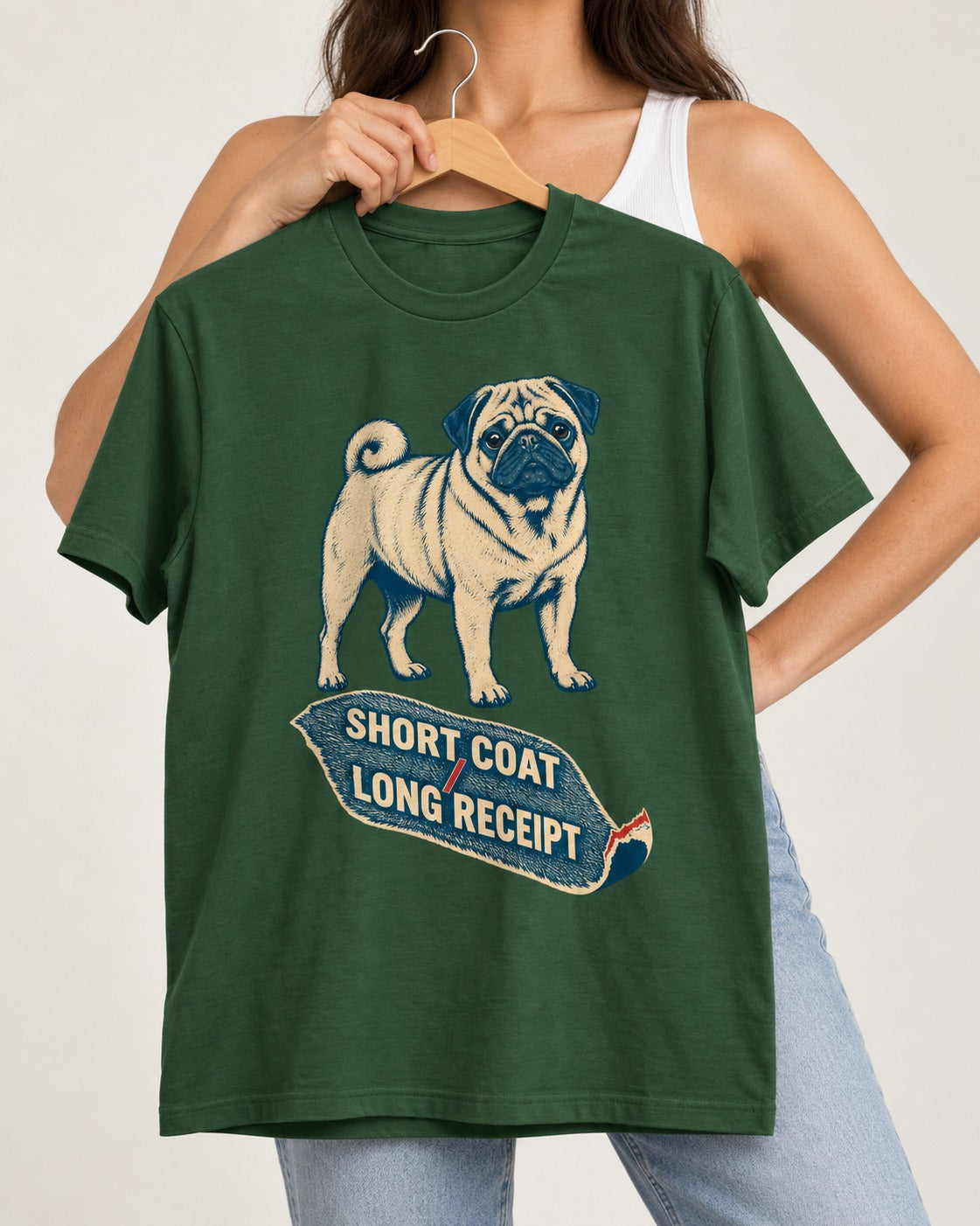 Pug Short Coat Long Receipt Graphic T-Shirt in Forest Green, held up on a hanger