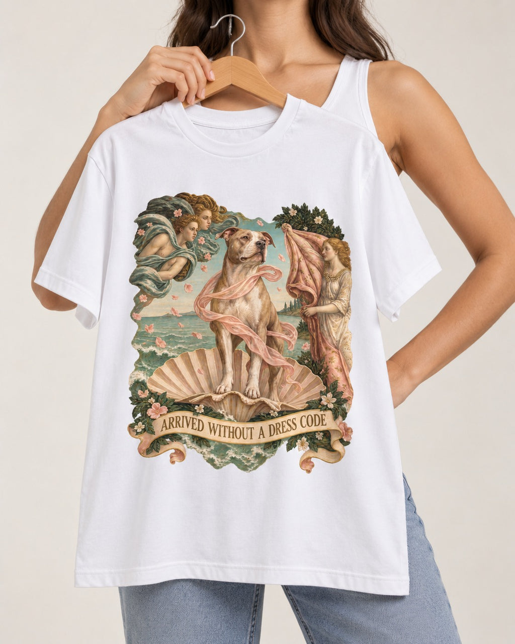Pitbull Arrived Without a Dress Code Venus Parody Graphic T-Shirt in White, held up on a hanger