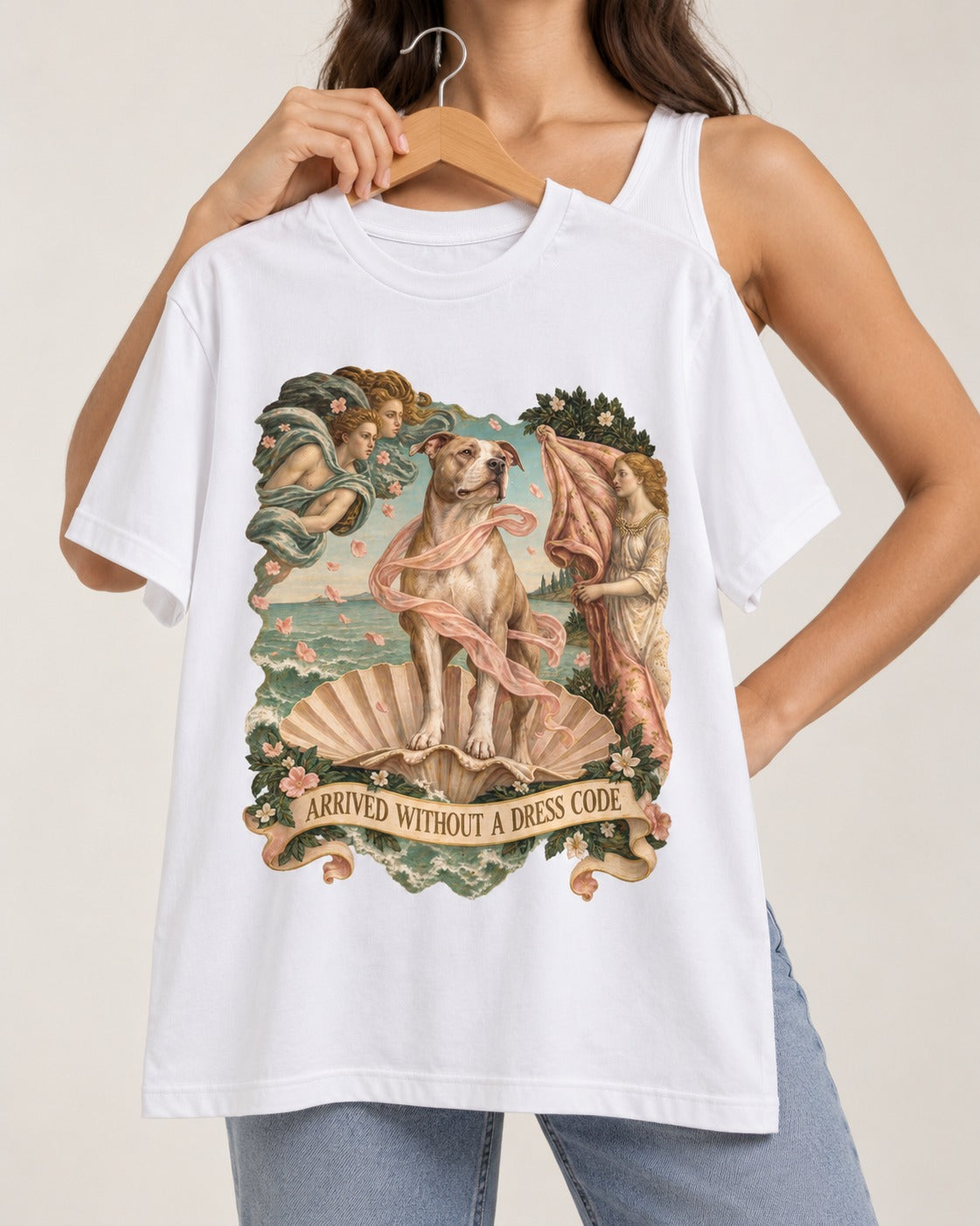 Pitbull Arrived Without a Dress Code Venus Parody Graphic T-Shirt in White, held up on a hanger