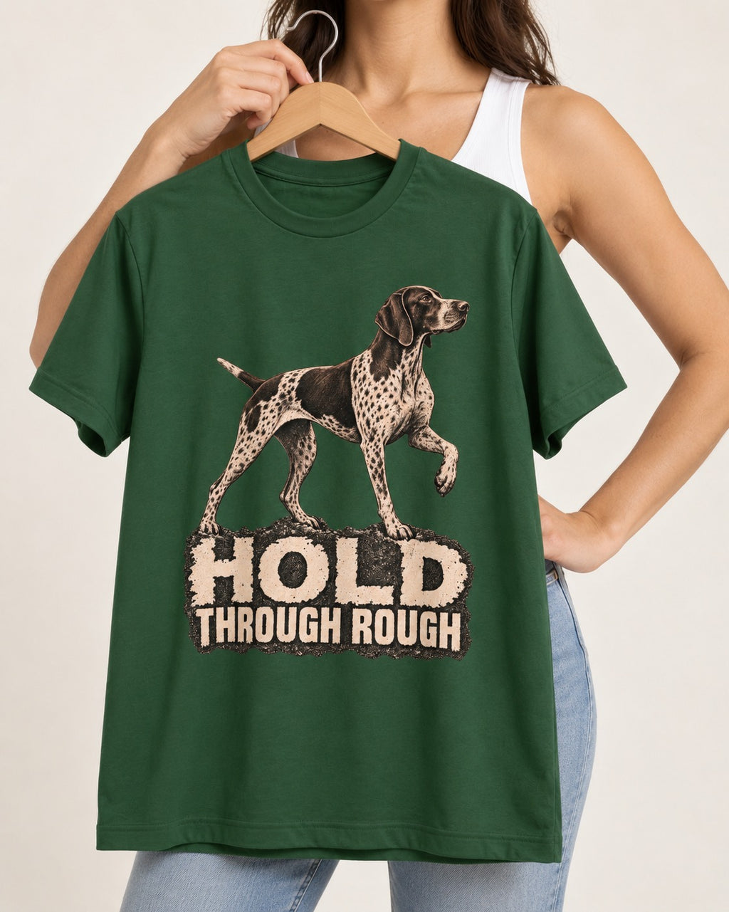 German Shorthaired Pointer Hold Through Rough Vintage Graphic T-Shirt in Forest Green, held up on a hanger