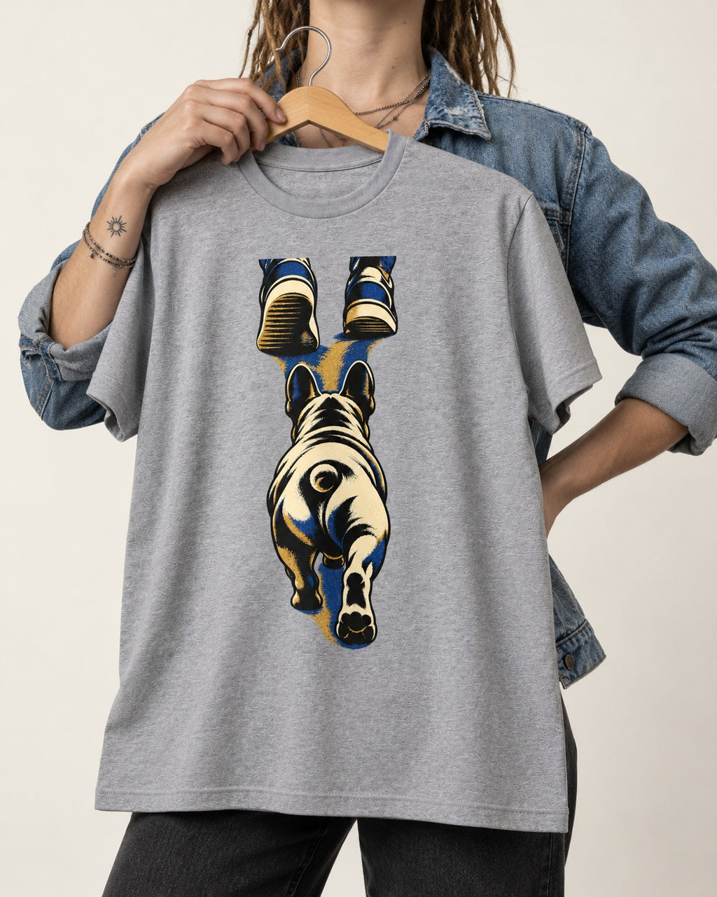 Frenchie Wherever I Go T-Shirt in Sport Grey, held up on a hanger