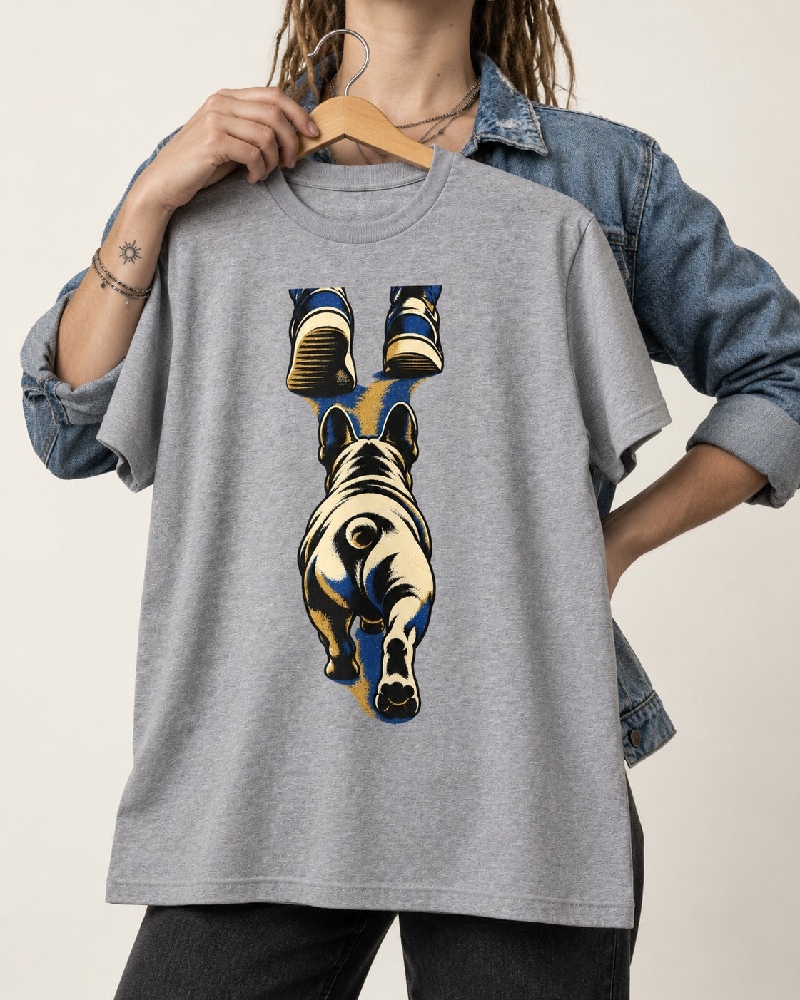 Frenchie Wherever I Go T-Shirt in Sport Grey, held up on a hanger