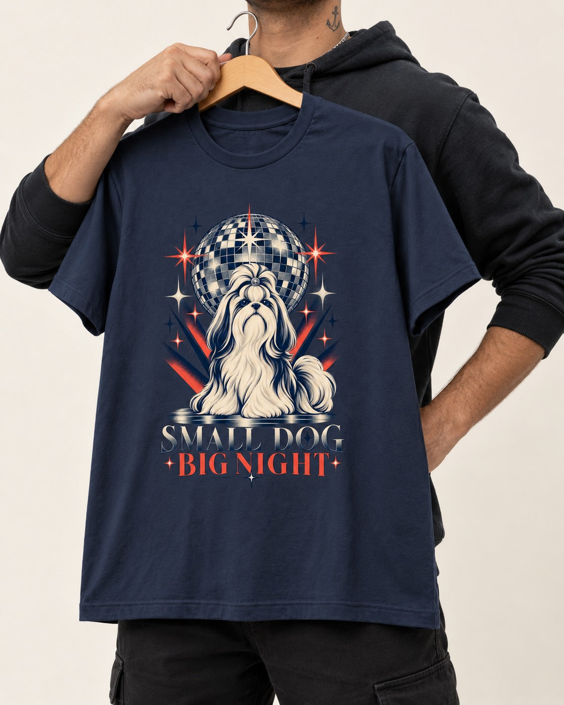 Shih Tzu Small Dog Big Night Disco Graphic T-Shirt in Navy, held up on a hanger