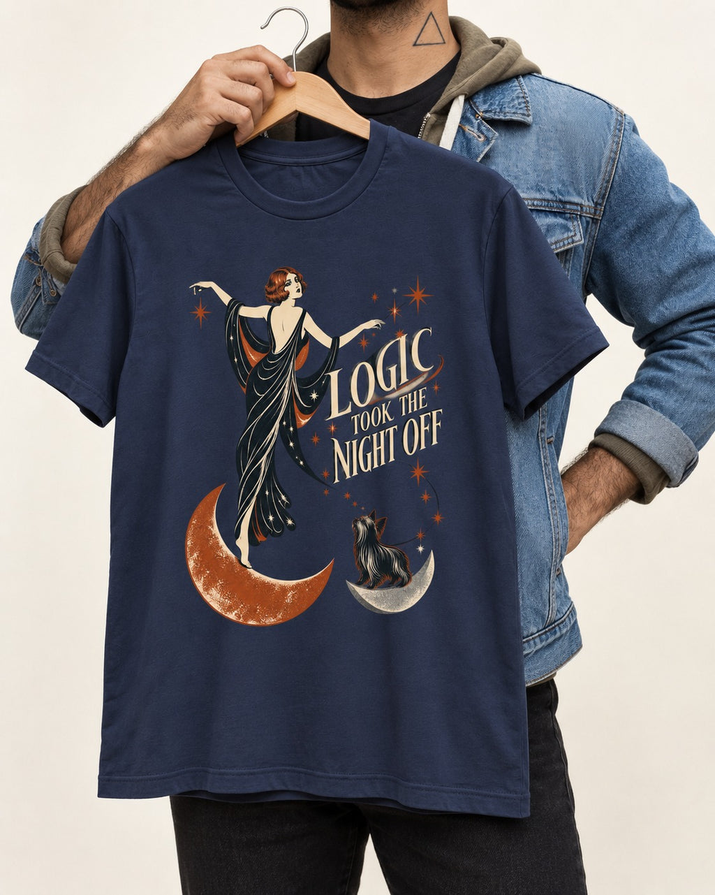 Yorkshire Terrier Logic Took the Night Off Art Deco Graphic T-Shirt in Navy, held up on a hanger