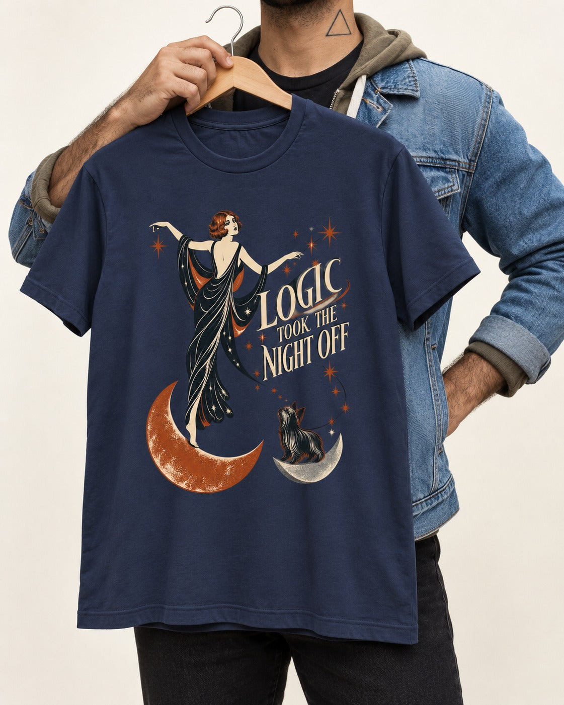Yorkshire Terrier Logic Took the Night Off Art Deco Graphic T-Shirt in Navy, held up on a hanger