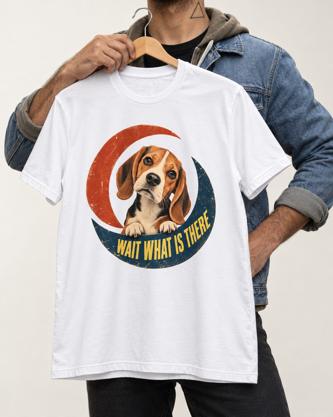 Wait What Is There Beagle Crescent T-Shirt in White, held up on a hanger